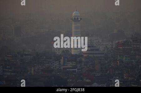 Kathmandu, Bagmati, Nepal. 25th Apr, 2021. Newly build Dharahara tower is seen early morning from the hill of Swayambhunath in Kathmandu, Nepal on April 25, 2021. Nepal on Sunday marked the sixth anniversary of a devastating earthquake that killed almost 9,000 people and left millions homeless. Credit: Sunil Sharma/ZUMA Wire/Alamy Live News Stock Photo