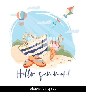Hello Summer banner or poster template with beach accessories and ice cream on seashore sand. Summer traveling or party poster layout, flat vector ill Stock Vector