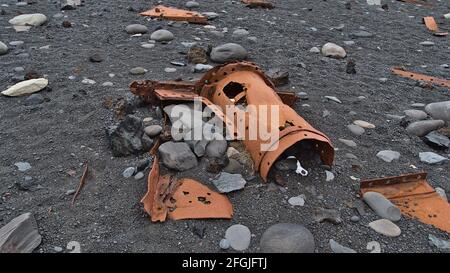 Rusty remains of the wreck of Grimsby fishing trawler Epine (GY7), stranded 1948, at Djúpalónssandur beach on the west coast of Snæfellsnes, Iceland. Stock Photo