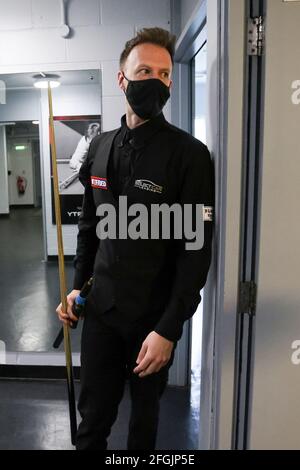 Judd Trump of England wears a face mask as he waits to walk out to the table prior to the Betfred World Snooker Championship Round Two match between David Gilbert of England and Judd Trump of England during day nine of the Betfred World Snooker Championships 2021 at The Crucible, Sheffield. Picture date: Sunday April 25, 2021. Stock Photo