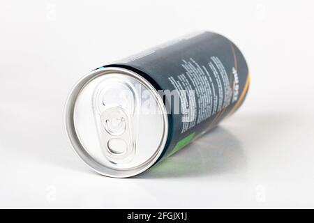 Home Drink, simple carbonated energy drink small 250 ml can, single laying object. Caffeinated energy drinks, soft drinks concept, beverage can, nobod Stock Photo
