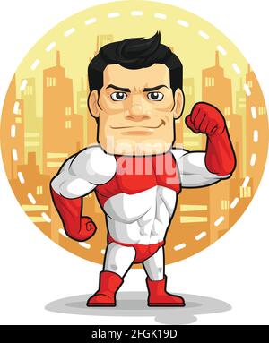 Super Hero Man Strong Vigilante Cartoon Vector Mascot Drawing Stock Vector