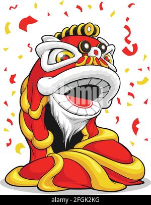 Chinese New Year Lion Dance Cartoon Acrobat Vector Drawing Stock Vector