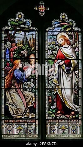 A Stained Glass Window by Ward & Hughes (1882) depicting The Risen Christ, St Peter's Church, Dunton, Norfolk Stock Photo