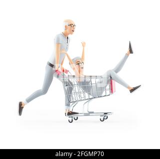 3d senior man pushing woman inside shopping cart, illustration isolated on white background Stock Photo