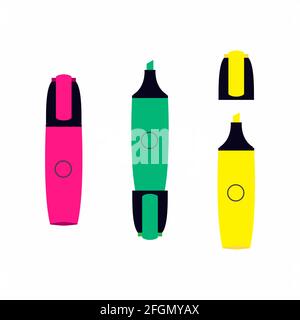 3 Classic markers with highlighter pen effect isolated on white background set. Flat style vector illustration with tick check mark on it. Stock Vector