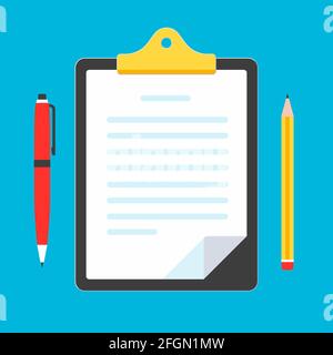 Clipboard with text on it, paper sheets, pen and pencil isolated on light blue background vector illustration Stock Vector