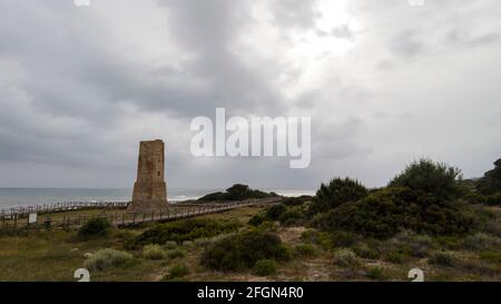 Old watchtower called torreladrones on the beach of cabopino, Marbella Stock Photo