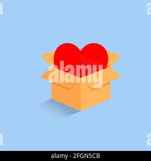 Happy Valentine's day 3d empty isometric cardboard opened box with red heart isolated on light blue background vector illustration Stock Vector