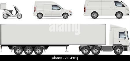 Delivery vehicles vector mockup for vehicle branding, advertising, corporate identity. Truck, van, motorcycle, minivan with side view on white. Stock Vector