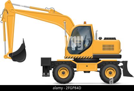 Wheel excavator vector illustration view from side isolated on white. Construction and mining vehicle mockup. All elements in the groups for easy edit Stock Vector