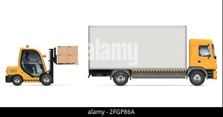 Forklift loading boxes into delivery truck side view vector illustration. Warehouse and storage equipment. Logistic and shipping cargo. Stock Vector