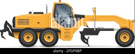 Motor grader vector illustration view from side isolated on white. Construction and mining vehicle mockup. All elements in the groups for editing Stock Vector