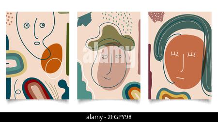 Set of template background abstract hand drawn face line and various shapes doodle objects contemporary modern trendy style. Vector illustration Stock Vector