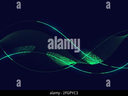 Abstract green wavy lines with dots particles and lighting on dark blue background. Vector illustration Stock Vector
