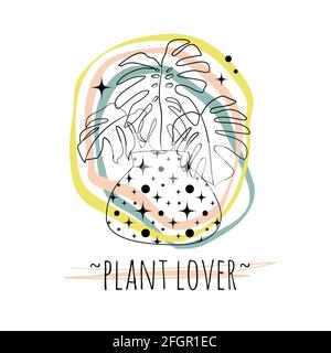 Minimalist boho illustration of quote Plant lover with black line art potted house plant monstera Stock Vector