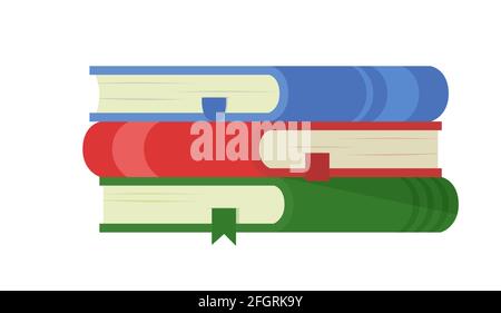 Three colorful books on white background isolated vector illustration. Textbooks for students, vocabulary and encyclopedia. Bookmarked pages. Stock Vector
