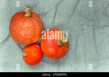 Three mini pumpkins on linen fabric. Thanksgiving holiday concept Stock Photo
