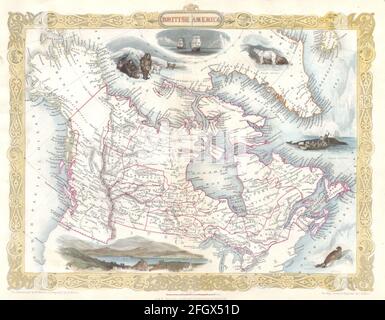 Vintage hand drawn Tallis map of Canada from 19th century. All maps are beautifully colored and illustrated showing known world at moment. Stock Photo