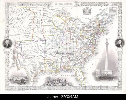 Vintage hand drawn Tallis map of USA from 19th century. All maps are beautifully colored and illustrated showing known world at moment. Stock Photo