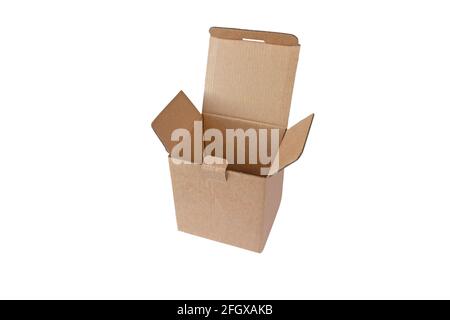 Opened empty brown cardboard box. Shipment package.  Isolated on white. Stock Photo