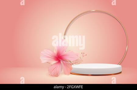White 3d pedestal background with Golden Glass Ring Frame and hibiscus flower for cosmetic product presentation, fashion magazine. Copy space vector Stock Vector