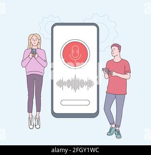 Smart speaker, voice assistant concept with characters. Young people with gadgets near smartphone. Speaker recognition, voice controlled smart speaker Stock Vector
