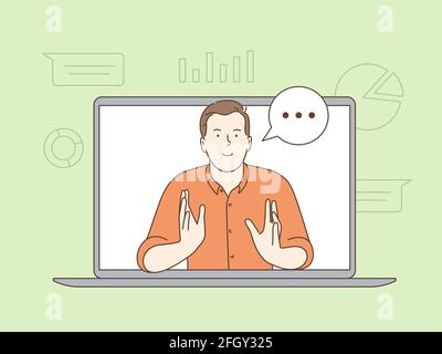 Elearning, webinar and online education concept. Headshot portrait screen view of smiling young businessman sit at home talk on video call with friend Stock Vector
