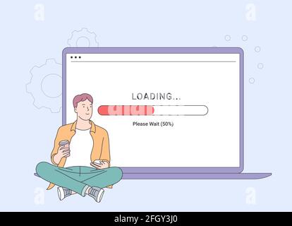 Cloud service, adding digital documents and loading concept. Young man uploads content to social networks. Male character sits with phone, big laptop Stock Vector
