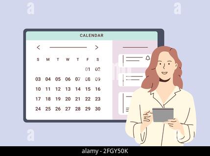 Planning schedule and online calendar concept. Business woman planning day scheduling appointment in calendar application. Woman is adding event, meet Stock Vector
