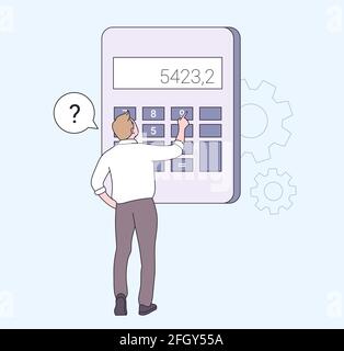 Finance, calculations and economy concept. Male professional with calculator for math operations, budget, analytics, data, income, finance. Stock Vector
