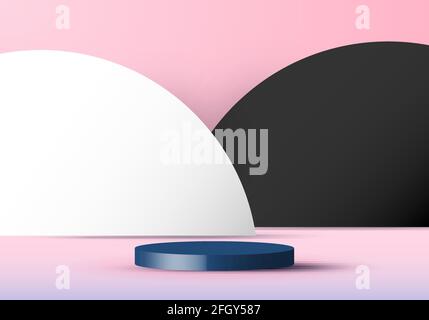 3D pink scene background with white cylinder podium and black and white circle backdrop paper cut style. You can use for display show cosmetic product Stock Vector