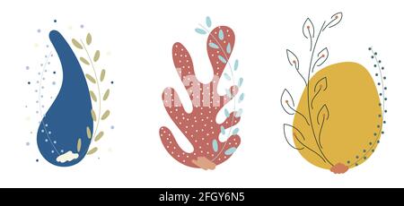 Set of hand drawn organic shapes tropical leaves isolated on white background. Vector illustration Stock Vector