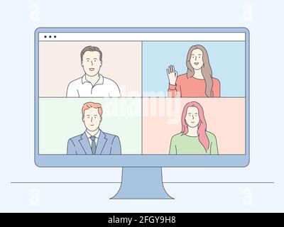 Video conferencing and online communication vector concept. Group of people business parters having distant online meeting conference on laptop. Stock Vector