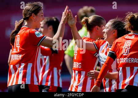 EINDHOVEN, NETHERLANDS - APRIL 25: Aniek Nouwen of PSV and Anika Rodriguez of PSV celebrate their sides win during the Eredivisie Women match between Stock Photo