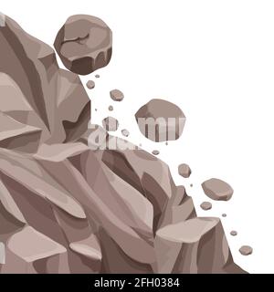 Mountain landslide with falling rocks, stones in cartoon flat style isolated on white background. Natural disaster, danger. Stock vector illustration. Stock Vector