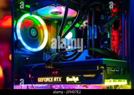 Torrevieja, Spain - April 15, 2021: Close up system block for gaming computer GeForce brand of graphics processing unit designed by Nvidia. Modern tec Stock Photo