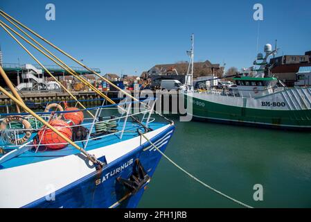 Portsmouth, England, UK. 2021. Fishing boats alongside Camber Docks in Old Portsmouth, UK. Stock Photo
