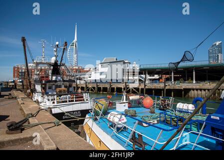 Portsmouth, England, UK. 2021. Fishing boats alongside Camber Docks in Old Portsmouth, UK. Stock Photo