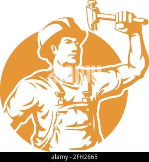 Silhouette Construction Worker Holding Hammer Logo Illustration Stock Vector