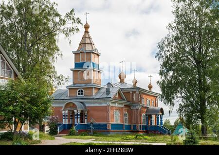 Beautiful wooden with carved decorations Church of the Transfiguration of the Lord in Vazheozersky Spaso-Preobrazhensky monastery, Karelia, Russia Stock Photo