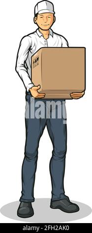 Delivery Courier Man Bringing Carton Shipping Box Cartoon Illustration Stock Vector