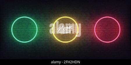 Neon frames. Set of colorful glowing circle border templates Stock Vector