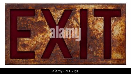 Isolated objects: old rusty exit sign, on white background Stock Photo