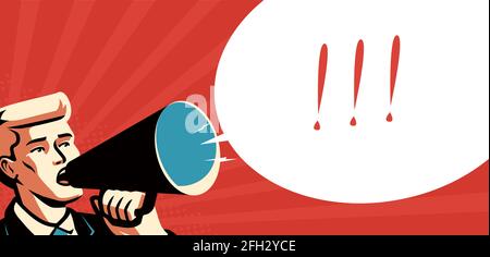Businessman promoter holding megaphone loudspeaker. Business promotion concept. Vector illustration Stock Vector
