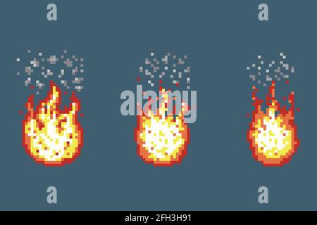 Flame with smoke animation frames in pixel art style. Smoke and flame pixel, game fire and smoke, retro graphic fire smoke animation. Vector illustrat Stock Vector