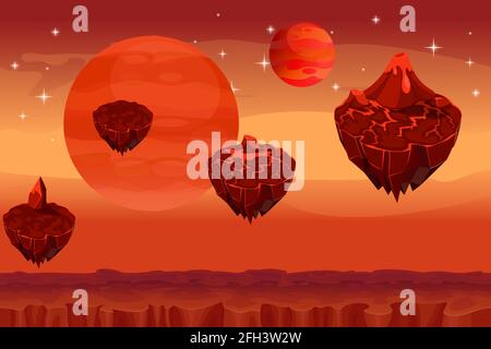 Fantastic space landscape, martian alien planet game seamless background. Panorama island, magma mountain, volcano and fantastic planet, lava nature, Stock Vector