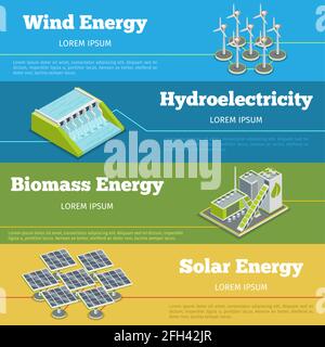 Renewable energy or eco energy infographics concept. Hydroelectricity renewable energy, biomass renewable energy,  windmill and solar renewable energy Stock Vector