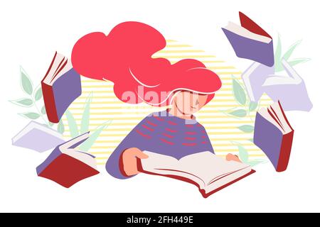 Woman read books vector flat illustration. Female student studying isolated on white background. Person book lovers and researcher. Concept of Stock Vector