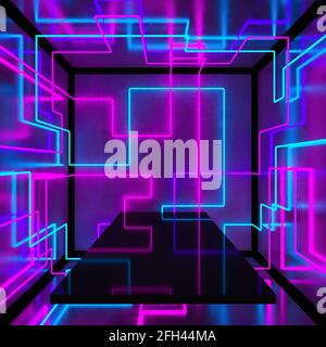 Dark cube box with bright neon lights. Cubic background to insert everything. 3d illustration Stock Photo